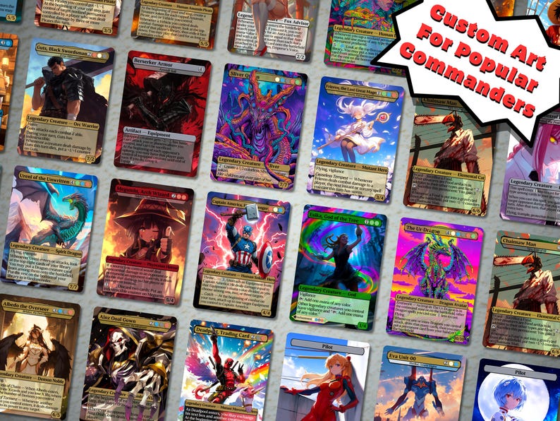 K&ouml;nnte beinhalten: Eine Sammlung von Custom-Art-Karten f&uuml;r beliebte Commander. Die Karten zeigen verschiedene Fantasy- und Anime-inspirierte Illustrationen mit leuchtenden Farben und detaillierten Designs. Der Text "Custom Art For Popular Commanders" wird in einer rot-wei&szlig;en Sprechblase angezeigt.