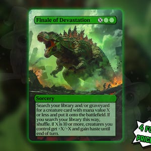 May include: A green and black trading card named "Finale of Devastation" depicting a Godzilla-like monster. The card text details the spell's effects, with a promotional message: "4 FOR THE PRICE OF 3!"