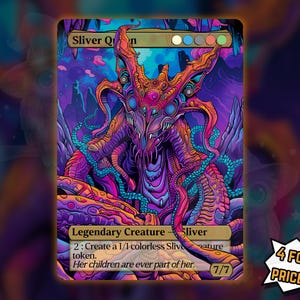 Puede incluir: Una vibrante carta de juego de fantasía con un diseño multicolor. Presenta una criatura llamada "Sliver Queen" y "Legendary Creature - Sliver". La carta tiene una calificación de 7/7 e incluye el texto "Her children are ever part of her."