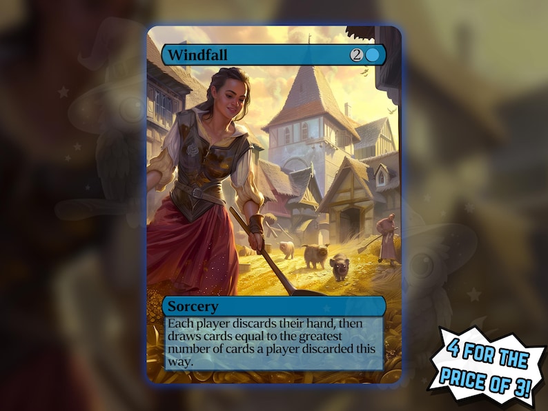 K&ouml;nnte beinhalten: Fantasy-Sammelkarte mit dem Titel "Windfall", die eine Frau in mittelalterlicher Kleidung mit einer Harke vor einer Kulisse eines Dorfes zeigt. Die Karte enth&auml;lt Spieltext. Eine Sprechblase lautet "4 F&Uuml;R DEN PREIS VON 3!"
