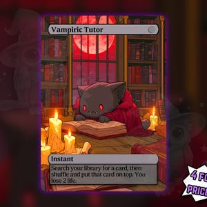 May include: A rectangular trading card titled Vampiric Tutor featuring a dark gray cat with red eyes wearing a red cape, reading an open book in a library with a large red moon in the background, illuminated by several lit candles on a wooden table.