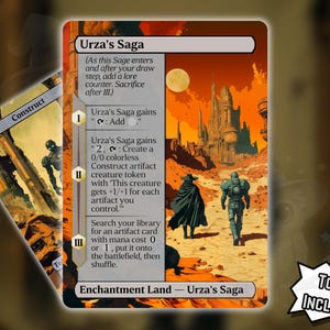 Puede incluir: Dos cartas de Magic: The Gathering. La carta principal se titula "Urza's Saga" con una ilustración de paisaje de fantasía en tonos naranja y amarillo. El texto de la carta es visible. Una segunda carta, "Construct", es parcialmente visible.