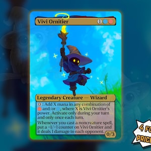 May include: A Magic: The Gathering card featuring Vivi Ornitier, a legendary wizard character. The card has a blue, green, and gold color scheme, with the character depicted in a blue robe and hat. The card includes text describing the character's abilities and the text "4 FOR THE PRICE OF 3!"
