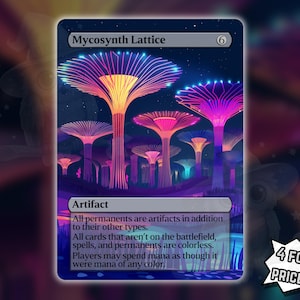 Könnte beinhalten: Eine Fantasy-Art-Karte mit dem Titel "Mycosynth Lattice" mit einer lebendigen Landschaft aus leuchtenden, baumartigen Strukturen in Orange-, Rosa- und Lilatönen unter einem Sternenhimmel. Der Kartentext enthält "Artifact" und Spielregeln. Ein Werbeaufkleber lautet "4 FÜR DEN PREIS VON 3!"