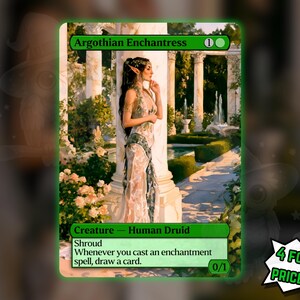 May include: A rectangular trading card titled Argothian Enchantress, featuring a green border and a fantasy illustration of a figure in a white gown standing by stone pillars. The card text includes Creature - Human Druid, Shroud, and ability text.