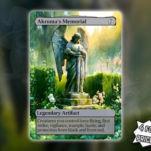 May include: A rectangular trading card titled Akroma's Memorial featuring a stone angel statue holding a sword in a garden. The card text reads Legendary Artifact and lists creature abilities. A white speech bubble in the corner says 4 FOR THE PRICE OF 3!