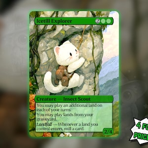 Könnte beinhalten: Eine rechteckige Sammelkarte mit dem Titel Icetill Explorer, die eine weiße Katze mit einem braunen Rucksack zeigt, die eine felsige Klippe mit Ranken erklimmt. Der Kartentext enthält Creature - Insect Scout, Spielregeln und einen 2/4 Wert.