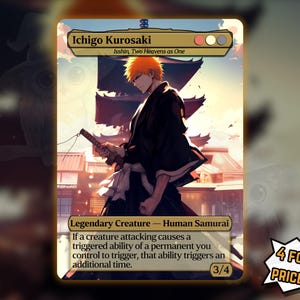 May include: A trading card featuring Ichigo Kurosaki, a legendary Human Samurai. The card art depicts a character with orange hair and a sword, set against a backdrop of a Japanese-style building. The card includes the text "4 FOR THE PRICE OF 3!"