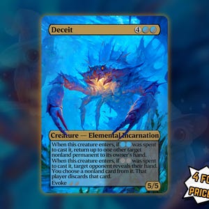 May include: A Magic: The Gathering card titled "Deceit" featuring a blue crab-like creature with glowing orange eyes. The card has a gold border and includes text describing its abilities. The card is labeled as a "Creature - Elemental Incarnation".