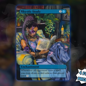 May include: A Magic: The Gathering card titled "Rhystic Study" featuring an illustration of a person reading a book. The card has a blue border and includes the text "Enchantment." The image has a "4 for the price of 3!" sticker.