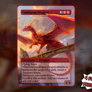 Puede incluir: Una carta de fantasía roja y naranja con un dragón con alas extendidas, titulada "Goldspan Dragon". La carta tiene texto de juego y un borde rojo. El texto "4 FOR THE PRICE OF 3!" también es visible.