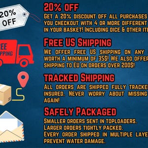 K&ouml;nnte beinhalten: Ein Bild mit Text und Grafiken, das Rabatte, kostenlosen Versand und Sendungsverfolgung bewirbt. Der Text enth&auml;lt "20% OFF", "FREE SHIPPING" und Details zu Mindestbestellmengen f&uuml;r kostenlosen Versand in den USA und der EU. Das Bild zeigt auch einen roten LKW, ein Paket und einen Umschlag.