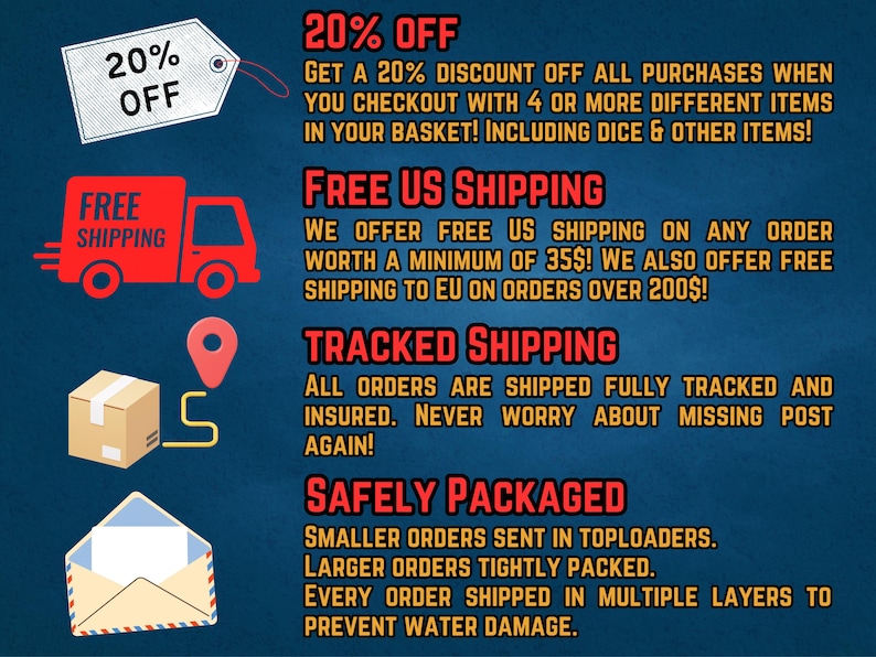 K&ouml;nnte beinhalten: Ein Bild mit Text und Grafiken, das Rabatte, kostenlosen Versand und Sendungsverfolgung bewirbt. Der Text enth&auml;lt "20% OFF", "FREE SHIPPING" und Details zu Mindestbestellmengen f&uuml;r kostenlosen Versand in den USA und der EU. Das Bild zeigt auch einen roten LKW, ein Paket und einen Umschlag.