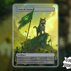 Może przedstawiać: Karta fantasy z pręgowanym kotem na zielonym, skalistym krajobrazie. Karta nosi tytuł "Coat of Arms" i zawiera zieloną flagę z odciskiem łapy. Widoczny jest również tekst "Artifact" i instrukcje gry.