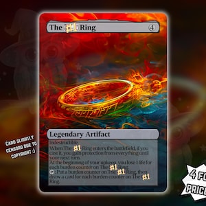 Puede incluir: Una carta de fantasía que presenta un anillo dorado con detalles intrincados, sobre un fondo colorido y ardiente. La carta dice "The Ring" y "Legendary Artifact". El texto "4 por el precio de 3!" también es visible.