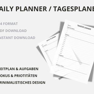 Könnte beinhalten: Zwei weiße Tagesplaner-Blätter mit dem Text "DAILY PLANNER / TAGESPLANER". Der Planer enthält Abschnitte für Zeit, Aufgaben und Notizen. Zusätzlicher Text enthält "A4 FORMAT", "PDF DOWNLOAD" und "INSTANT DOWNLOAD".