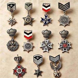 Może przedstawiać: Kolekcja jedenastu metalowych medali i przypinek w stylu wojskowym ułożonych w trzy rzędy. Każdy element posiada skomplikowane wzory, w tym korony, gwiazdy, szewrony, krzyże i orły, wykończone złotą, srebrną, czarną, białą i czerwoną emalią.