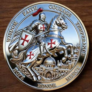 May include: A circular silver-toned commemorative coin featuring a knight in armour riding a horse. The knight and horse display red cross emblems. The coin is inscribed with the words WISDOM, FAITH, COURAGE, TEMPERANCE, MERCY, HONOR, and HOPE.