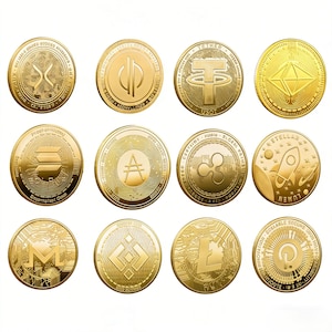 May include: Twelve gold-coloured coins, each displaying a different cryptocurrency symbol. The coins are arranged in three rows of four, showcasing various digital currencies such as Bitcoin, Ethereum, and Ripple. The coins have a shiny, reflective surface.