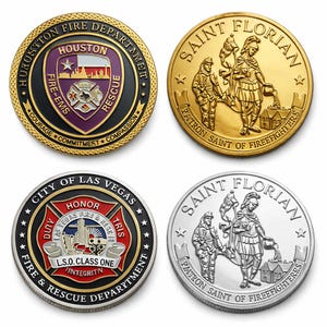 Peut inclure: Quatre pièces de monnaie avec des emblèmes de pompiers et Saint Florian. La pièce en haut à gauche porte l'inscription "Houston Fire Department". La pièce en haut à droite est dorée avec Saint Florian. La pièce en bas à gauche indique "City of Las Vegas Fire & Rescue Department". La pièce en bas à droite est argentée avec Saint Florian.