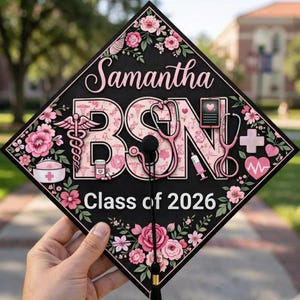 BSN Graduation Cap Topper, Personalized Nursing Grad Cap, Custom Name Nurse Cap, Class of 2026 Graduation Cap, Floral Nurse Grad Gift Decor