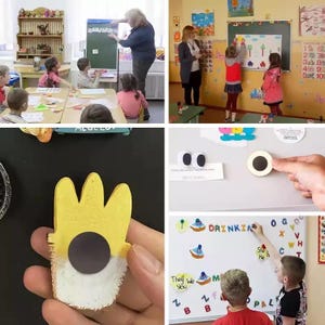 May include: A collage of images showing classroom activities and educational materials. One image shows a teacher with students, another shows children drawing on a whiteboard. Other images show magnets and magnetic letters, including the words "DRINKIA", "They We You", and "She He".