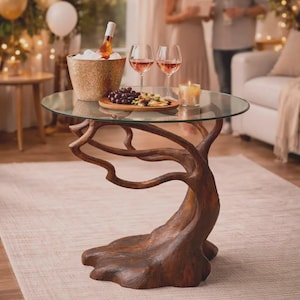 Rustieke massief houten bijzettafel, sculpturale boombasis accentmeubels, handgemaakt modern eindstuk