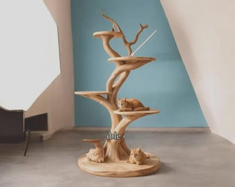 Handmade Natural Wood Cat Tree Tower | Modern Multi-Level Cat Condo Perch