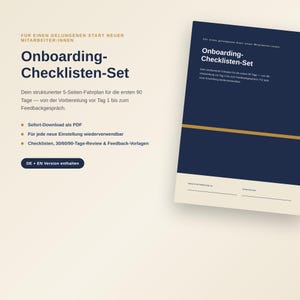 Könnte beinhalten: Ein digitales Onboarding-Checklisten-Set als Dokument mit dunkelblauem Einband, goldener horizontaler Linie, weißem Text sowie Feldern für Mitarbeitername und Startdatum. Der Text enthält 'Onboarding-Checklisten-Set' und weitere deutsche Beschreibungen.