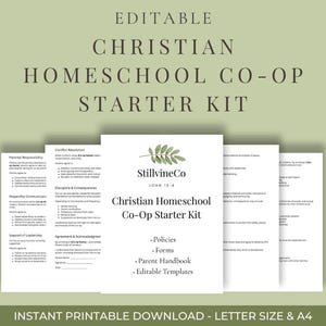 Op de afbeelding: Een afdrukbare Christian Homeschool Co-Op Starter Kit met bewerkbare sjablonen. De kit bevat beleidsregels, formulieren en een handboek voor ouders. De tekst op de afbeelding luidt "EDITABLE CHRISTIAN HOMESCHOOL CO-OP STARTER KIT". De afbeelding is lettergrootte en A4.