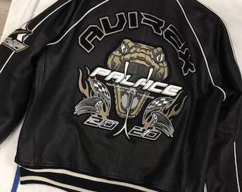 Avirex x Palace 2020 Leather Jacket, Snake Graphic Moto Jacket, Vintage Style Biker Streetwear