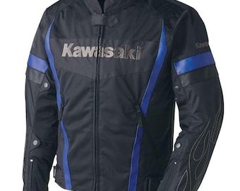 Jaqueta de motociclismo Kawasaki Racing Mesh, preta e azul, equipamento de proteção para motociclistas.