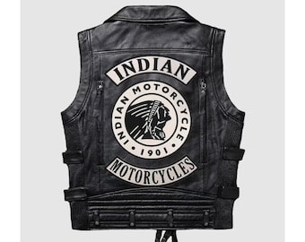 Colete de couro preto para motociclista, colete com zíperes e patches, colete masculino para motociclista.