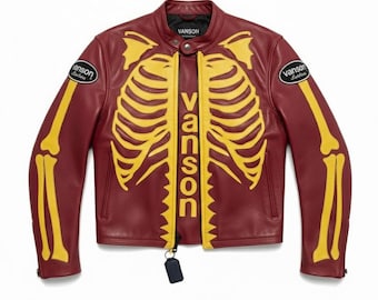 Jaqueta de couro Vanson Skeleton, cor bordô e amarelo – Jaqueta de motociclista feita à mão para corridas de moto.
