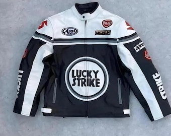 Jaqueta de couro Lucky Strike Racing, preta e branca, estilo motociclista Moto GP para homens.