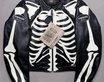 Jaqueta de couro Vanson Skeleton para motociclista, casaco de couro bovino genuíno, estilo motociclista punk gótico.