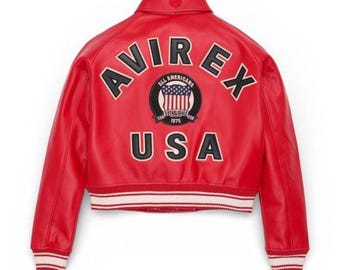 Avirex Cropped Leather Jacket, Genuine Cowsoft Bomber Leather Coat