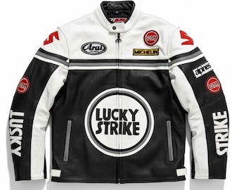 Jaqueta de couro Lucky Strike Racing, jaqueta de motociclista preta e branca, casaco estilo Moto GP