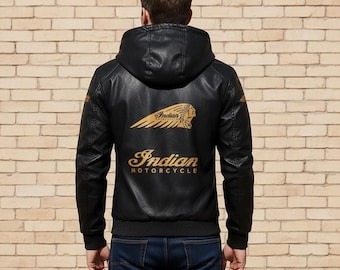 Indian Black Hoodie Leather Jacket, Genuine Cowhide Leather Coat, Gold Logo Biker Style