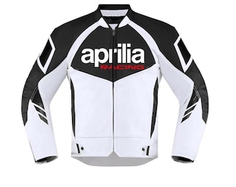 Jaqueta de couro para motociclismo Aprilia Racing, branca e preta, com proteção.