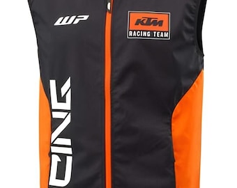Colete masculino da equipe KTM Racing, jaqueta sem mangas para motociclismo nas cores preto e laranja.