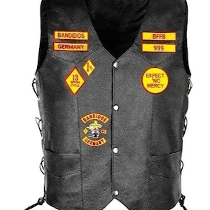 Chaleco de cuero para motocicleta Bandidos Germany, estilo motero negro con parches