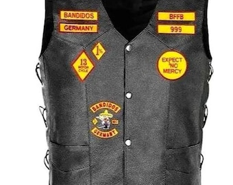 Colete de couro para motociclista Bandidos Germany, preto, estilo MC, com patches.