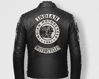 Jaqueta de couro preta estilo indiano, jaqueta de couro bovino genuíno para motociclistas, agasalho streetwear para motociclistas