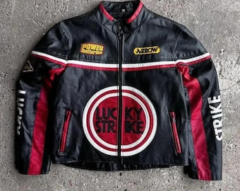 Jaqueta de couro Lucky Strike Racing, preta e vermelha, estilo motociclista Moto GP para homens.
