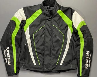 Jaqueta de motociclista da equipe Kawasaki, jaqueta de tecido preta e verde, estilo corrida.