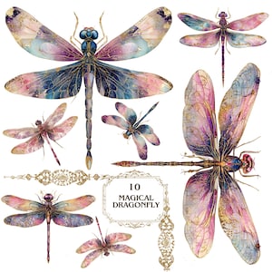 以下が含まれることがあります： 青、紫、ピンク、金色の水彩画のトンボのイラスト10枚のコレクション。 トンボは複雑な羽の模様と繊細なディテールを持っています。 テキスト「10 MAGICAL DRAGONFLY」が含まれています。