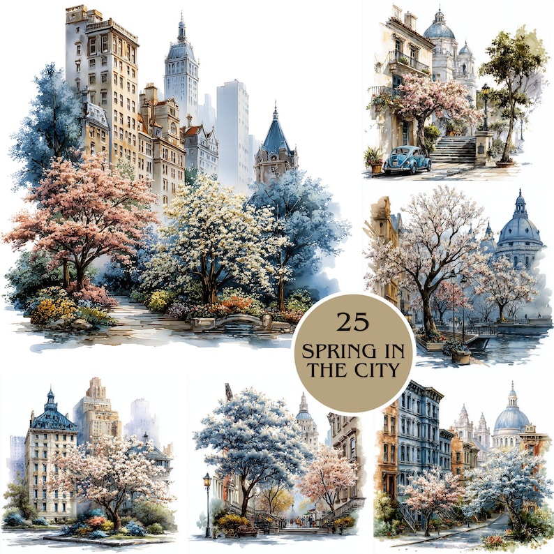 Spring In The City Spring City Clipart PNG, Watercolor Vintage City Illustration, Blooming ...