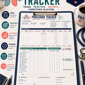 May include: A digital download Procedure Tracker printable PDF for respiratory therapy students. The document features sections for rotation summaries, clinical hours, procedure logs, count trackers, confidence scales, and equipment checklists.