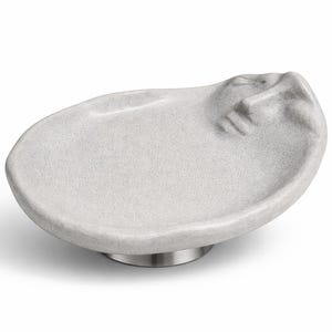 Può includere: Un piatto a forma di ostrica in ceramica grigio chiaro con superficie strutturata. Il piatto poggia su una piccola base circolare color argento. Il piatto presenta un design dettagliato e in rilievo su un'estremità.